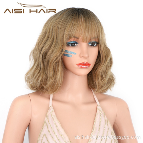 Cosplay Daily Use Wavy Short Bob Neat Bangs Shoulder Length Curly Synthetic Heat Resistant Fiber Ombre Blonde Bob Wig for women